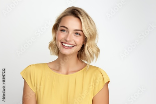Pretty Fictional Blonde Female Model with Blue Eyes Smiling Candidly. Casual Clothes. Isolated on a Plain White Background. Generative AI.