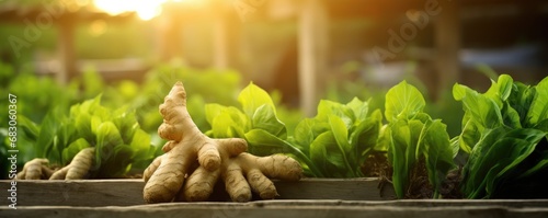 Ginger on the wooden table in green garden. Fresh Vegetable. Generative ai