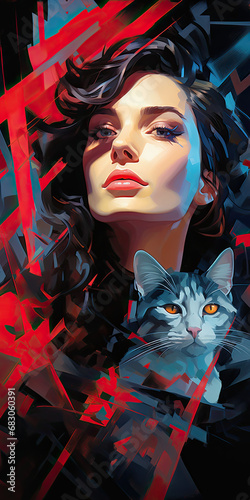  dama z czrnym kotem na rękach i czerwonymi ustami i czarnymilokami w formie obrazu, 