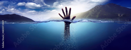 Drowning person, man, reaching out for help