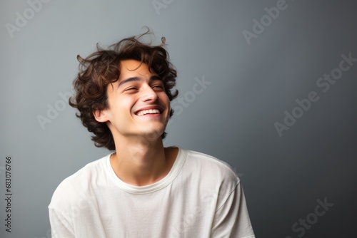 A young handsome student in a white T-shirt is relaxed and laughing happily, stretching his neck, exposing his teeth.