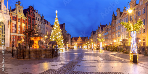 Panorama of Christmas Long Lane and Green Gate, Brama Zielona in Gdansk Old Town, Poland
