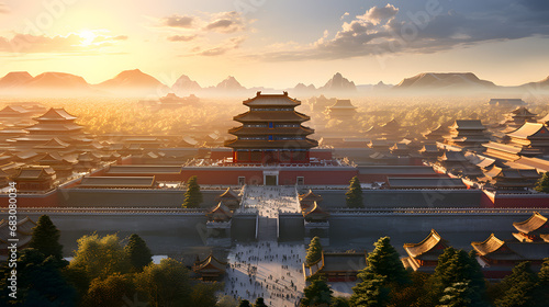 An aerial view of the Forbidden City, showcasing its vastness and intricate architectural details, with its golden roofs shining under the sunlight. Ai Generated.NO.04