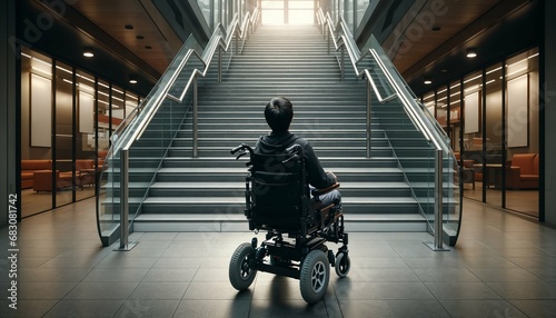Wheelchair user facing staircase - highlighting architectural barriers, disability awareness, accessibility issues