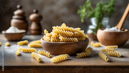 Uncooked fusilli pasta. Uncooked italian pasta on kitchen table.