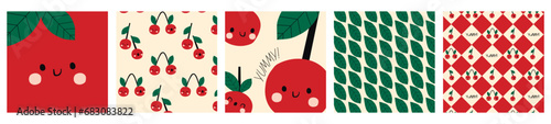 set of cards design and seamless patterns with cute fresh cherry and greenery. Summer print with Cherry. Cute print for fabric or wallpaper. Cute berry character illustration