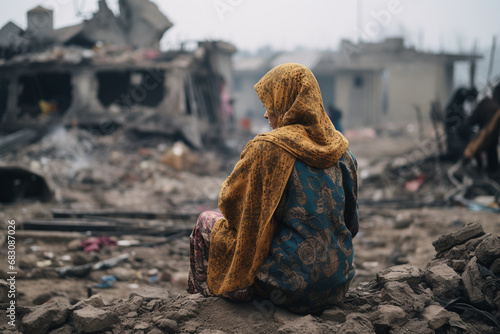 War victims and ruins, the terrible consequences of war, the search for refuge and safety, destroyed lives, the need for humanitarian aid, international conflicts. homelessness, people crying.