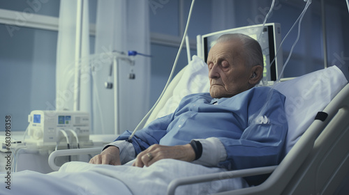 Homme âgé qui dort dans son lit d'hôpital, machine à dialyse