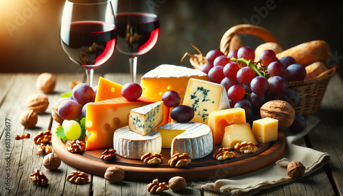 Gourmet Cheese Board with Wine, Generative AI