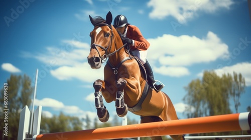 The Majestic Leap: A Horse and Rider Soaring Over an Impressive Obstacle