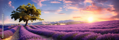 Morning sun.A farmland overlooking the horizon where beautiful lavender flowers bloom. Changes in the weather and the environment transform the flower fields into magical heavenly paradise scenery.