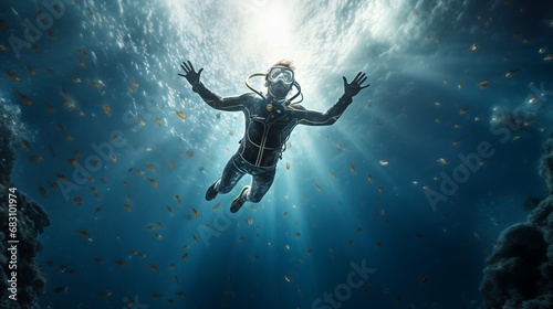 The Aquatic Explorer: A Diver in a Protective Suit Explores the Underwater World