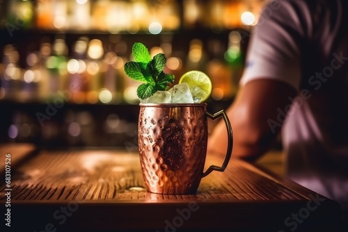 Moscow mule cocktail on bar table