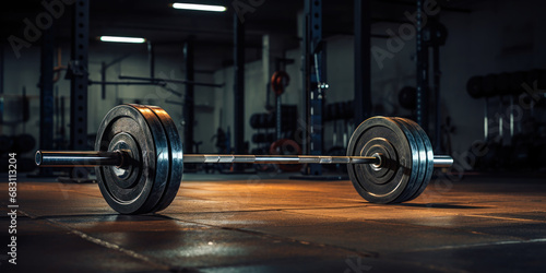 A weighted barbell placed on the floor.