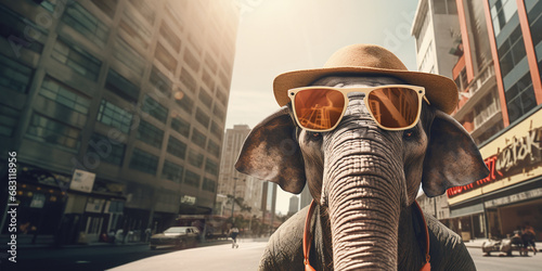 Elephant tourist in hat and sunglasses with an elephant in the city.