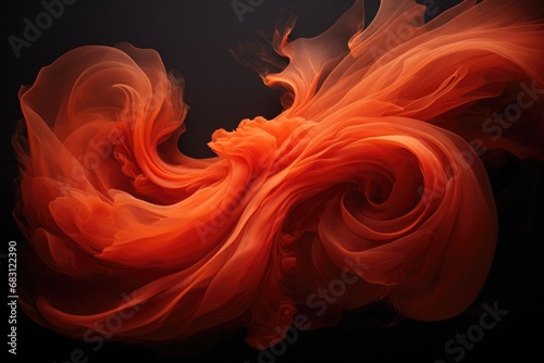 An orange dress blowing in the wind on a black background. Generative AI.