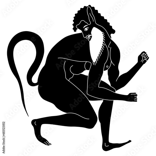 Squatting ancient Greek satyr. Vase painting style. Ethnic design. Black and white silhouette.