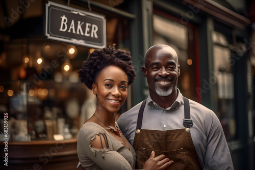 Small business owner african american couple standing in front of your own store restaurant