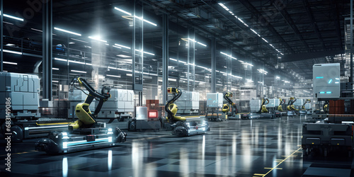 Autonomous robots efficiently navigating within a modern, futuristic warehouse