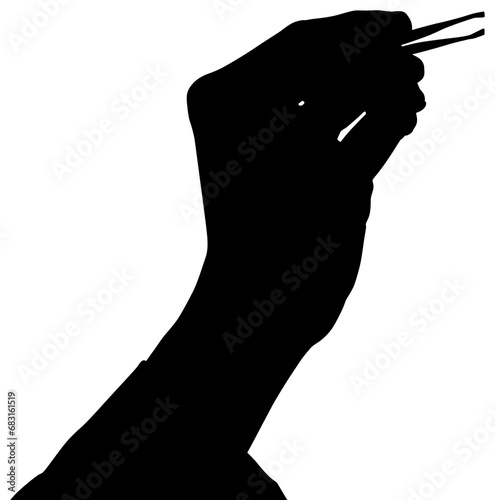 Digital png silhouette image of hand holding tweezers on transparent background