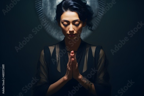 Serene woman in elegant black dress with hands clasped in prayer, seeking solace and spiritual guidance. Generative AI