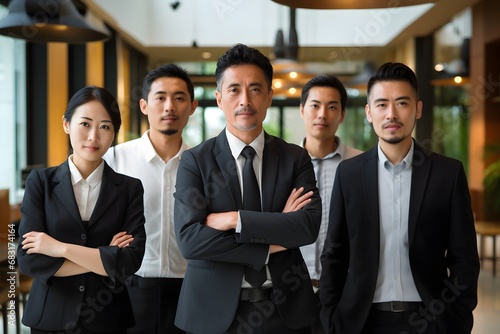 Diverse Asian Business Team Standing in a Row in a Modern Lobby with Confidence and Professionalism Generative AI