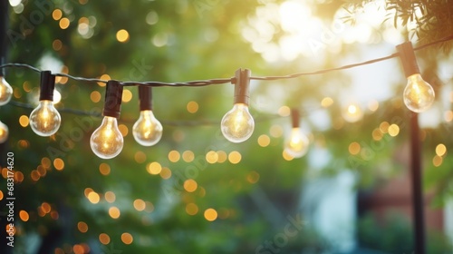Many light bulbs hang on tree in garden.