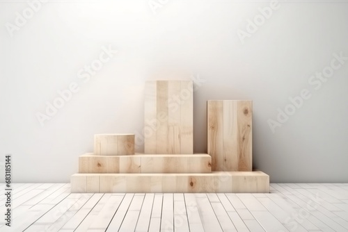 Rustic wood pieces podium in white clean room