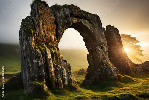 vibrant portrays scenic and atmospheric qualities of mist in enchanting landscapes of Wales, showcasing rolling hills, ancient ruins, and timeless allure of this Celtic nation