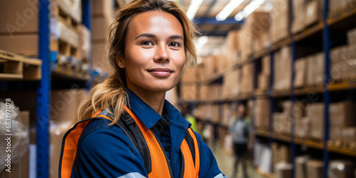 portrait of Female Woman Freight Forwarder, who Inspect the handling, storage, and stowing of freight and cargoes