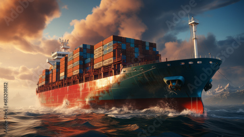Enormous cargo ship sails across vast ocean, containers neatly stacked.