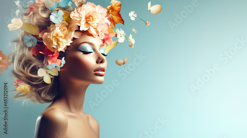 Surreal abstract woman portrait with flowers over head on blue background. summer colors. Concept of environmental friendliness and naturalness of cosmetic products. Banner. copy space