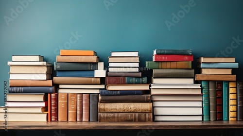 Stacks of books on a blue background