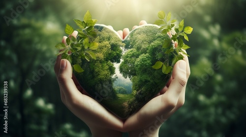  Earth Day, known as World Environment Day, is an environmentally friendly and ecological concept. Themes of saving the environment, restoring and protecting green nature On the globe, a heart-shaped 