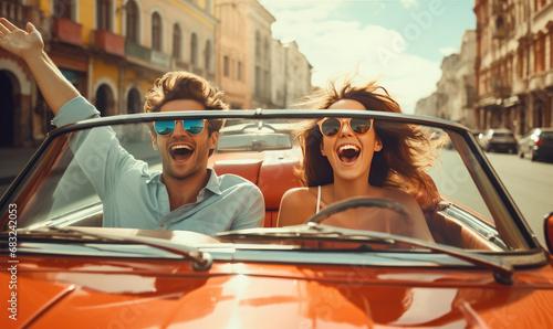 Happy young couple is enjoying ride in a cabriolet car during summer sunny day, active lifestyle concept