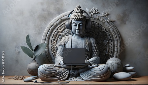 Buddha statue with headphones on and use a laptop 