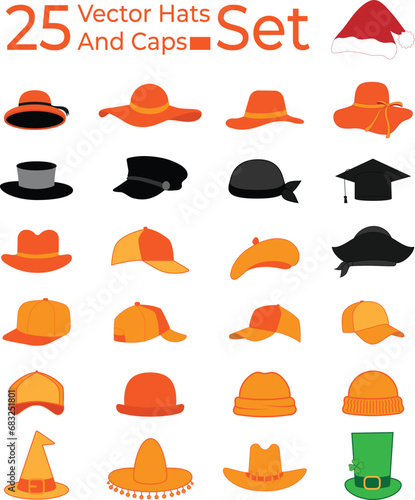 set of 25 hats and caps, Explore a diverse collection of 25 stylish hats and caps in this vector set. Enhance your design projects effortlessly with a variety of trendy headwear options.
