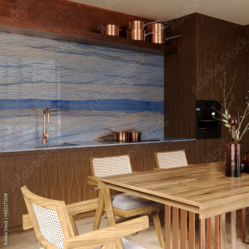 Modern kitchen design with quartzite countertop - detail of interior with faucet and home appliances.