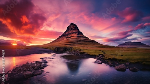 Iceland's Mount Kirkjufell features a striking sky.