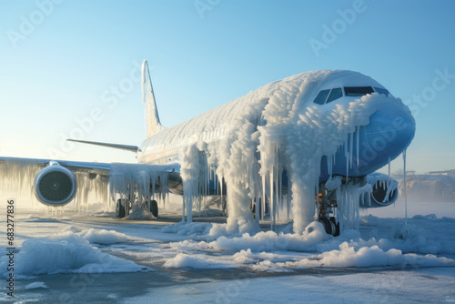 An abandoned passenger airplane covered in frost and snow, sitting on an icy airfield during winter.