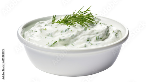 Delicious tzatziki sauce in a wooden bowl, cut out