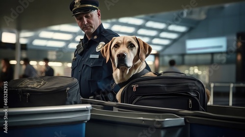 meticulous work of an officer with a suitcase, conducting checks for dogs at the airport