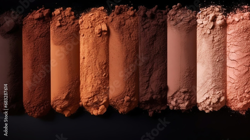 Variety pallet of broken makeup powder and blusher, on black background. Sample cosmetics concept. Generative AI