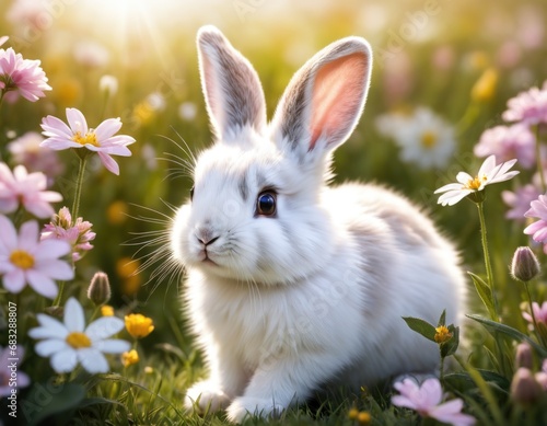Fairy baby animal hare or rabbit in Alpine mountain flower field rady for Easter celebration