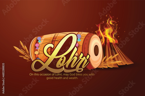 Lohri Punjabi festival of Lohri celebration bonfire, with decorated drum and background.