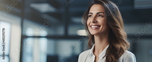 Happy confident business woman leader looking away standing in office. Smiling professional businesswoman manager executive, female worker feeling cheerful thinking of financial success. generative AI