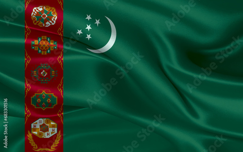 3d waving realistic silk national flag of Turkmenistan. Happy national day Turkmenistan flag background. close up