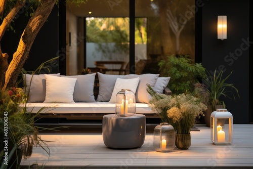 An indoor outdoor living space decorated with a lamp and plants.