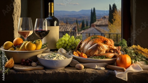 provencal thanksgiving feast with turkey and traditional side dishes in front of a winery background