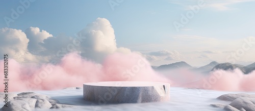 Dreamy concept of a beauty product display on a surreal stone podium outdoors
